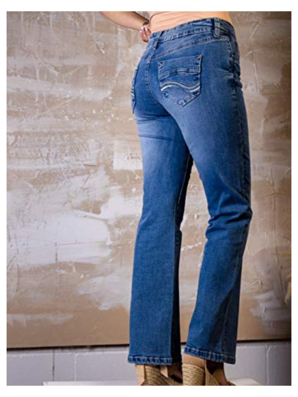 Mid Rise Boot Cut Jeans Stretch Cotton Blend Rhinestone Embroidered Pockets - Picture 5 of 6
